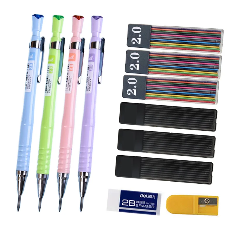 

Милый механический пластиковый карандаш 2,0 мм 2B, 12 цветов, свинцовый черный ластик, точилка, студенческое письмо, рисование, эскиз