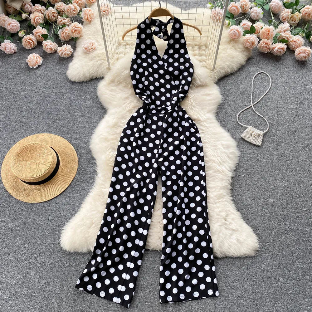 

2022 Summer New Temperament Hanging Neck Sleeveless V-neck Polka Dot Jumpsuit High Waist Strapless Wide Leg Trousers Female
