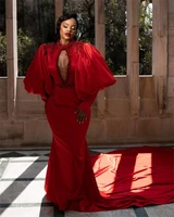luxury red aso ebi plus size o neck mermaid evening dresses puffy long sleeve beaded women party gowns custom made