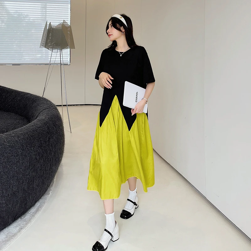 

2023 Summer New Style/loose Oversized Patchwork Pleated Skirt Fake Two-piece Short-sleeved Dress