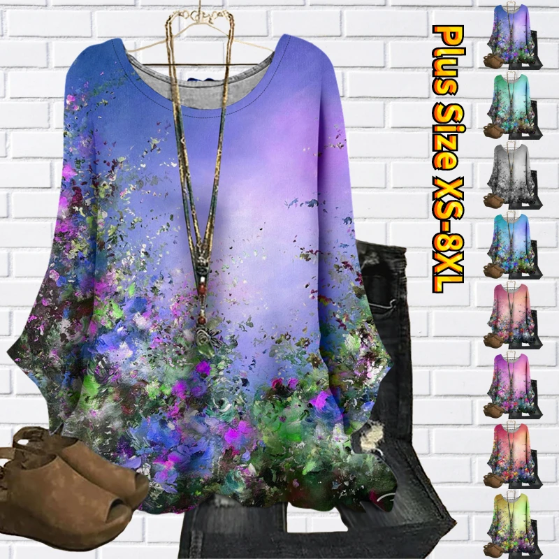 

Женский облегающий пуловер с круглым вырезом, свободные топы, футболка с цветочным принтом, Женская Повседневная Уличная Ретро футболка с д...