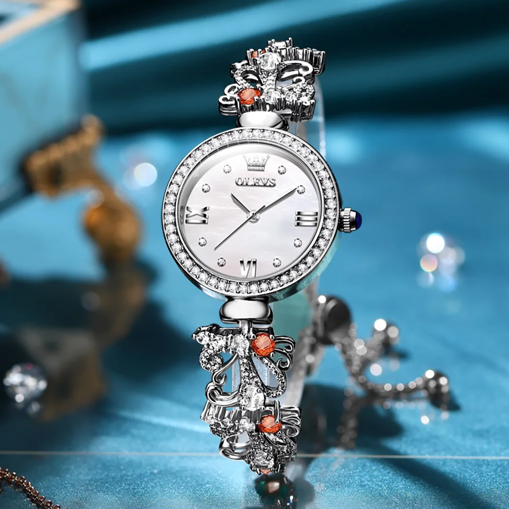

Женские наручные часы OLEVS с инкрустированными бриллиантами, Кварцевые водонепроницаемые часы с ремешком из нержавеющей стали для женщин, 9958