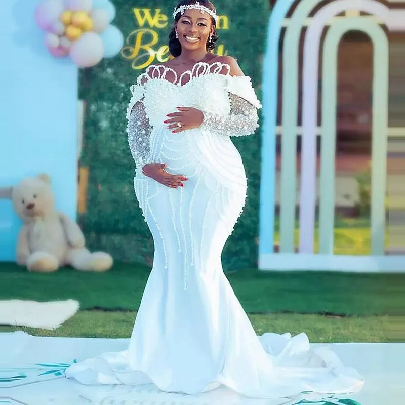 

Luxury Mermaid Wedding Dresses Long Sleeve Off Shoulder robe de mariée Major Pearls Beads Plus Size Bridal Dress Aso Ebi Styles