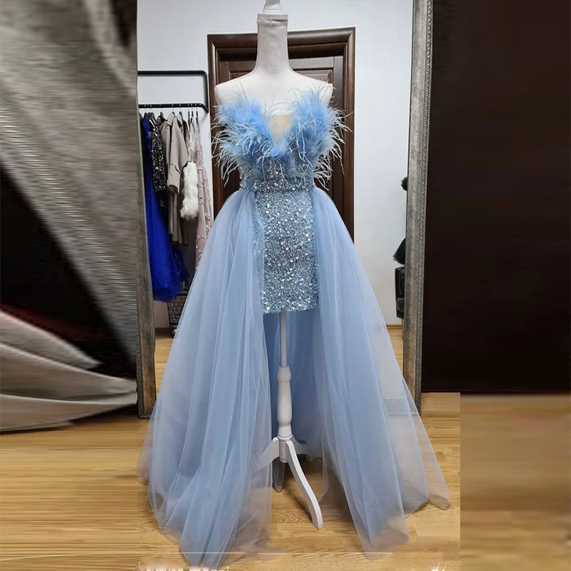 

Light Sky Blue Prom Dresses Feather Sequined Sheath Evening Gowns With Tulle Detachable Train Women Formal Occasion Party Dress