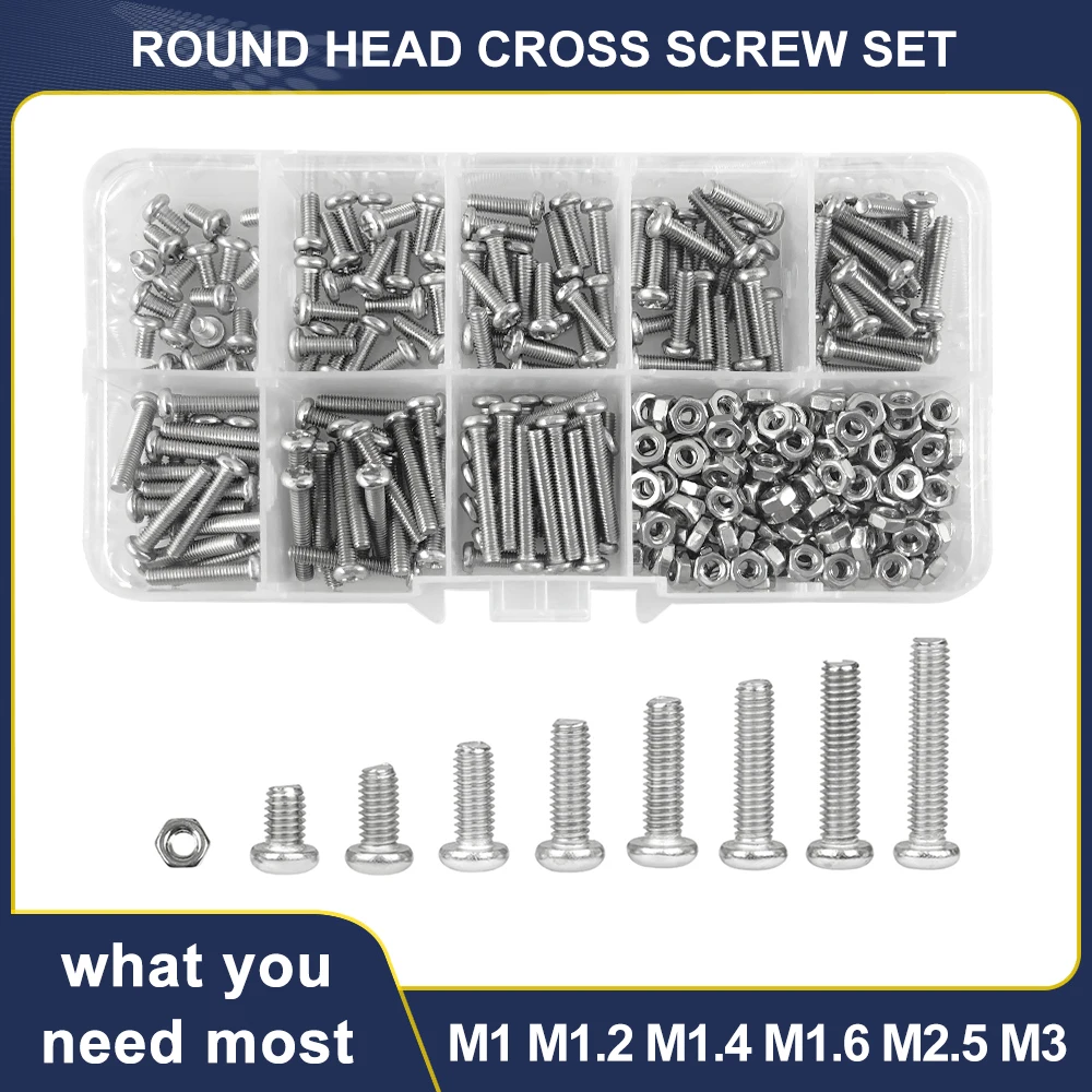 

M1 M1.2 M1.4 M1.6 M2.5 M3 Screw 304 Stainless Steel Phillips Round Head Cross Metric Thread Machine Bolt Box Set Assortment Kit