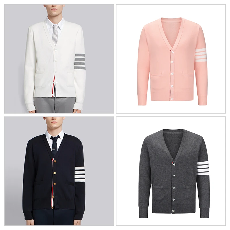 

TB THOM Women's Sweater Autumn Fashion Brand Men's Sweaters Cotton Stripes 4-Bar V-Neck Casual Cardigan Korean Style Coats