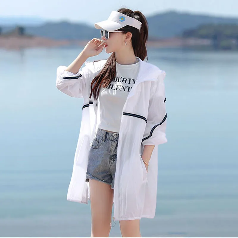 

2023 Women's Ice Silk Long Sleeves Thin Jackets Sun Protection Clothing Summer Hooded Coat Ladies Beach Clothing Tops 3XL