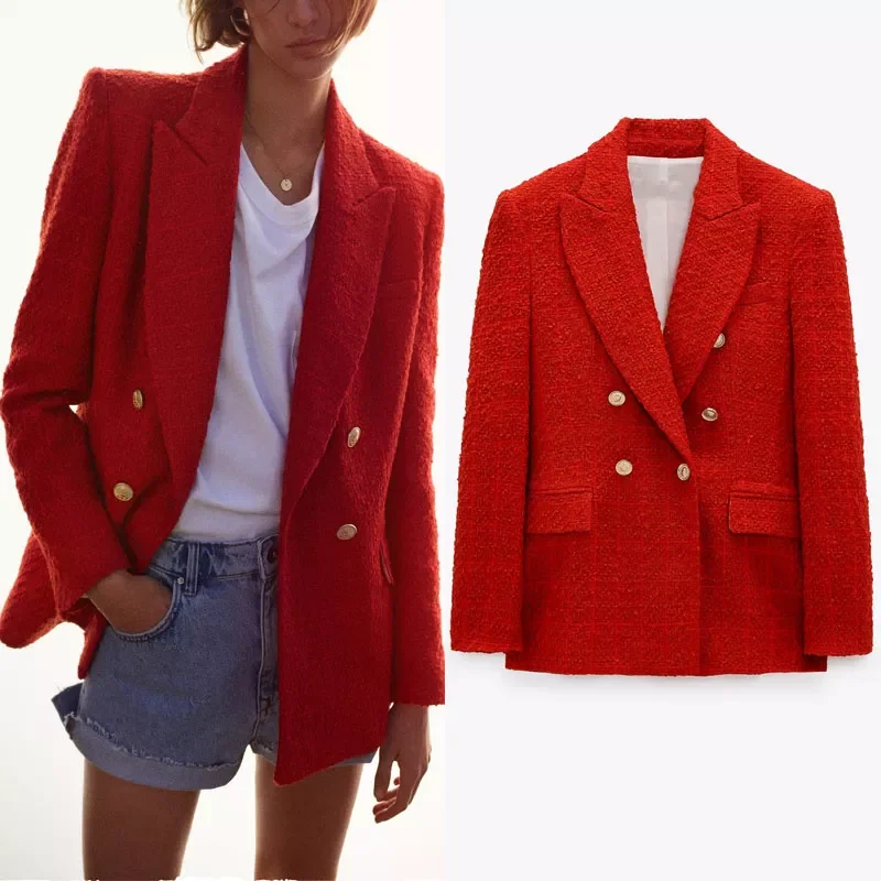 

2022NEW Red Testured Double Breasted Blazers Women 2021 Vintage Lapel Pronounced Shoulders Blazer Casual Pocket Woman Blazers