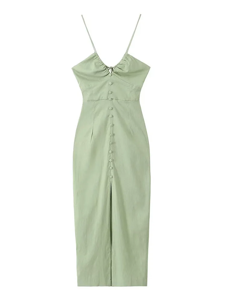 

TRAF 2023 Summer Women Solid Camisole Dress Elegant Fashion Female Deep V-Neck Sleeveless Dress Backless Bandage Slim Dress