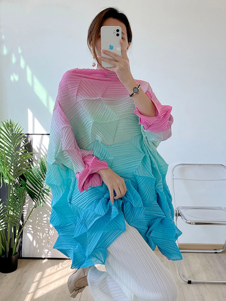 

Женская плиссированная рубашка Miyake, длинный пуловер с градиентом и складками, Свободный Асимметричный топ на осень и зиму, 2022