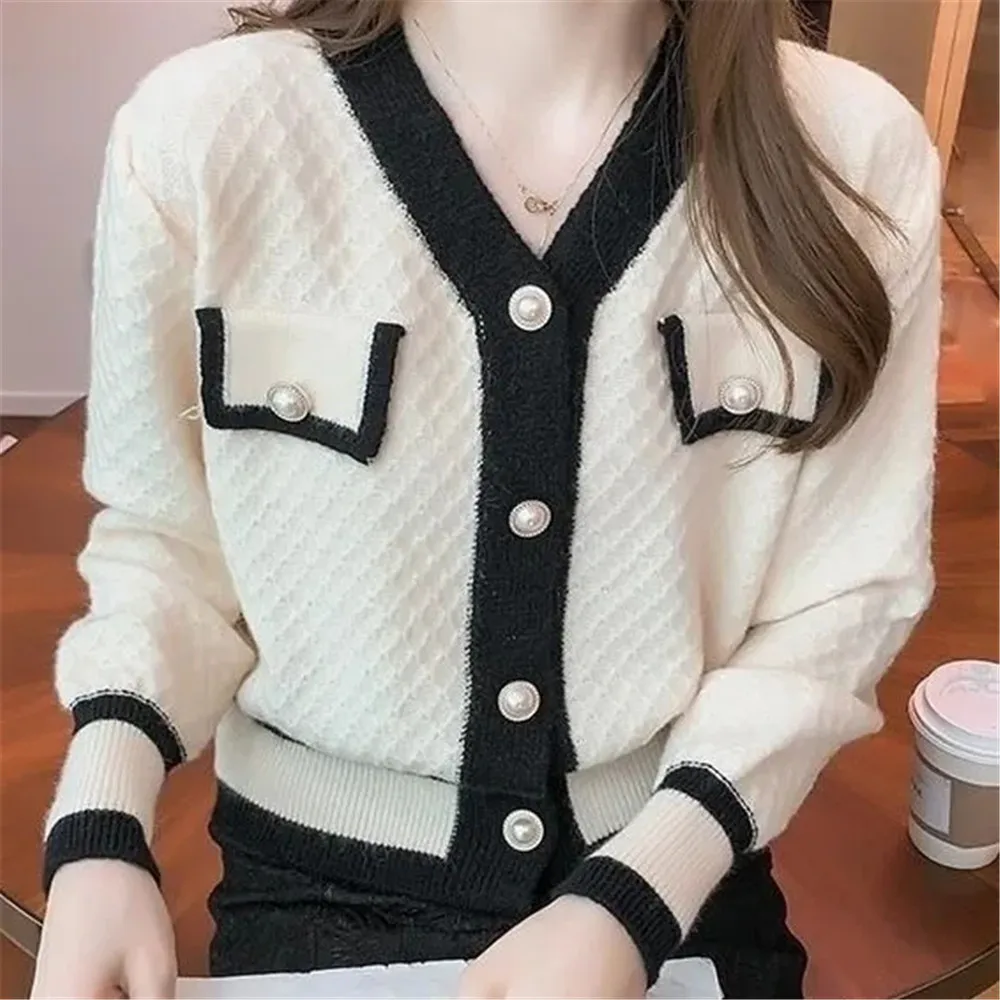 

Vintage Pearl Button Cropped Knitted Cardigan Women Fall Black Elegant Single Breasted Sweater Jacket Sweet Korean Knitwear Tops