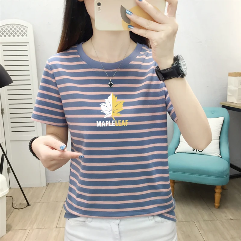 Pure Cotton Stripe Short sleeve T-shirt Women 2024 Summer New Western Sle Fashionable Print Plus size Wide Loose Shoulder F...