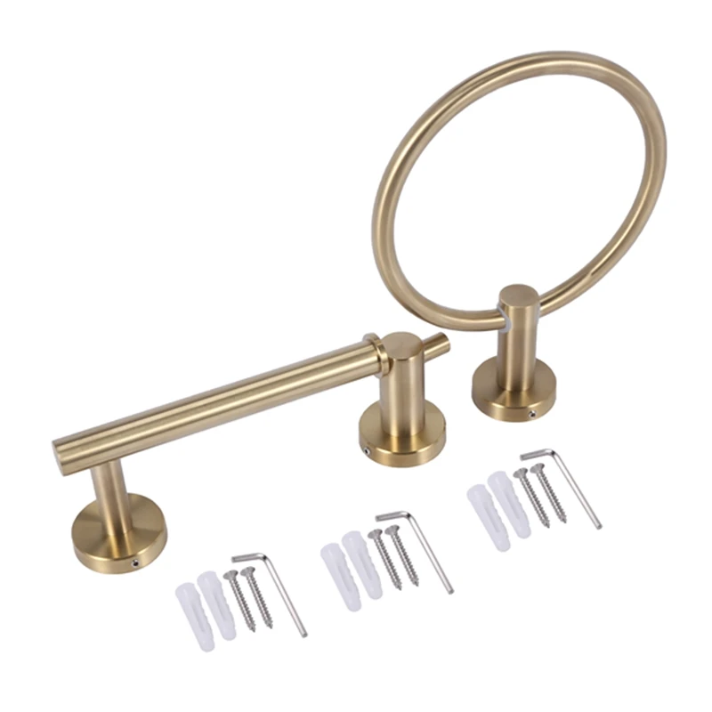 

Bathroom Hardware Accessories Set 3-Piece Gold Brushed Bathroom Hardware Sets Modern Towel Ring Robe Hook Hanger Toilet Paper Ho