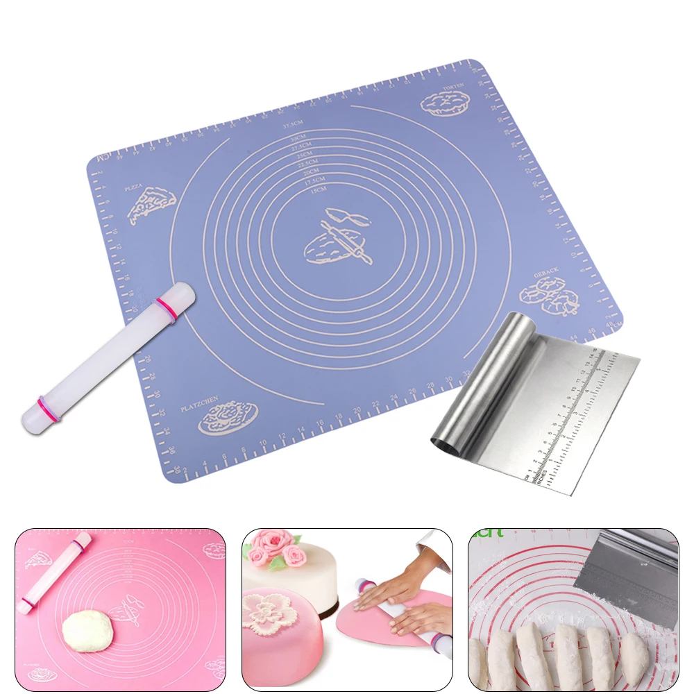 

3Pcs/Set Silicone Baking Mat Dough Mat Pastry Cutter Rolling Pin Cookie Bread Pizza Fondant Cake Baking Tools