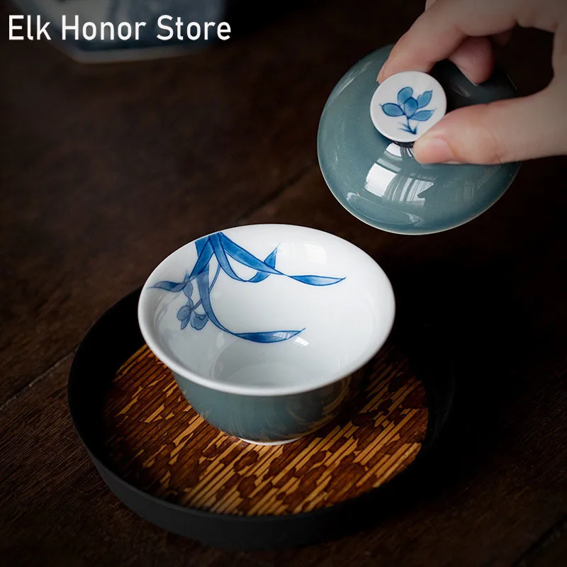

85ml Boutique Bluish Glaze Ceramic Tea Tureen Pure Hand-painted Orchid Art Tea Maker Gaiwan With Cover Household Kung Fu Tea Set