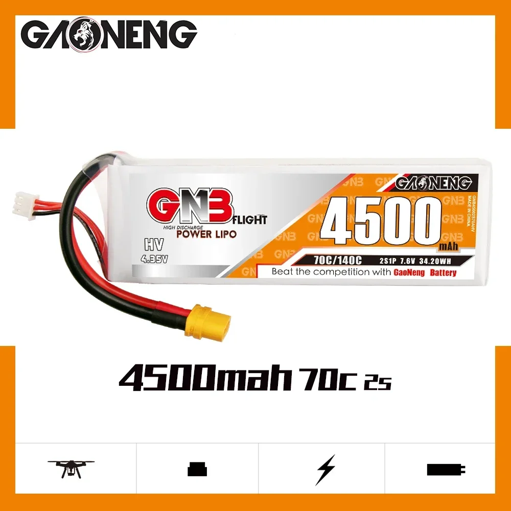 

Gaoneng GNB 4500mAh 2S1P 7.6V 70C/140C HV LiPo Battery Pack With XT60 EC5 Plug For RC Helicopter Airplane RC Car Boat Parts