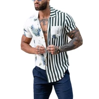 fashion men palmeiras print hawaiian shirt summer new trendyol striped patchwork short sleeve hawaii beach shirts for men camisa