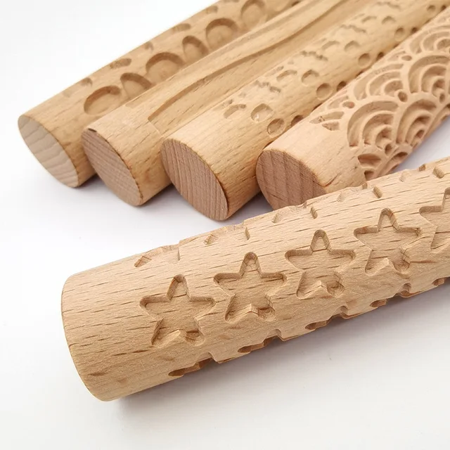 Wooden Texture Roller Flower Pattern Embossed Rod Sculpture Modeling Clay  Tools