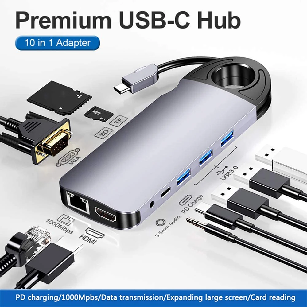 USB C Hub 10 in 1 Dock with Hidden Cable,Gigabit Ethernet 4K HDMI Adapter 60W PD VGA 3.5mm SD/TF Type C Hub for iPad MacBook Pro enlarge