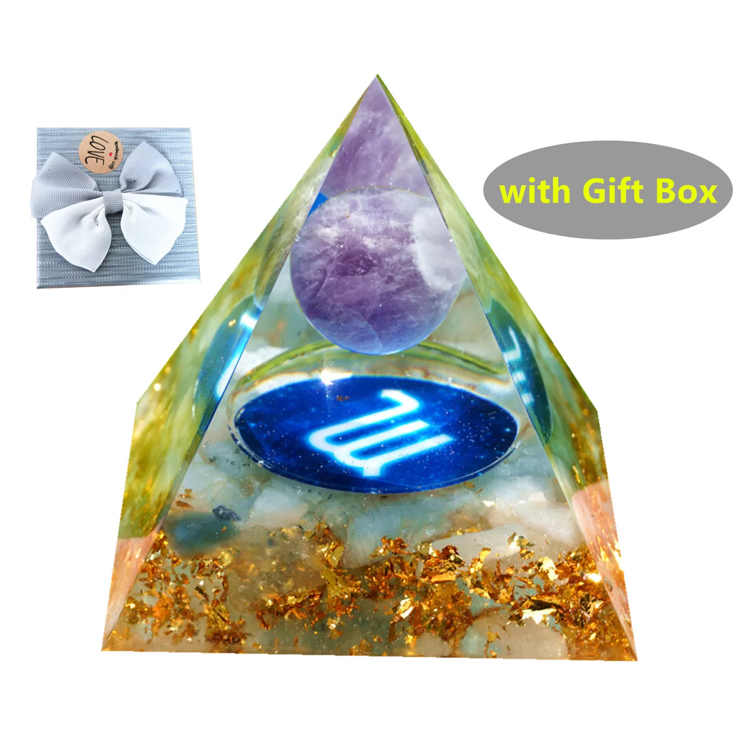 

SCORPIO Zodiac Orgone Pyramid Amethyst Sphere with Aquamarine Crystal Gemstone Orgonite EMF Protection Pyramide