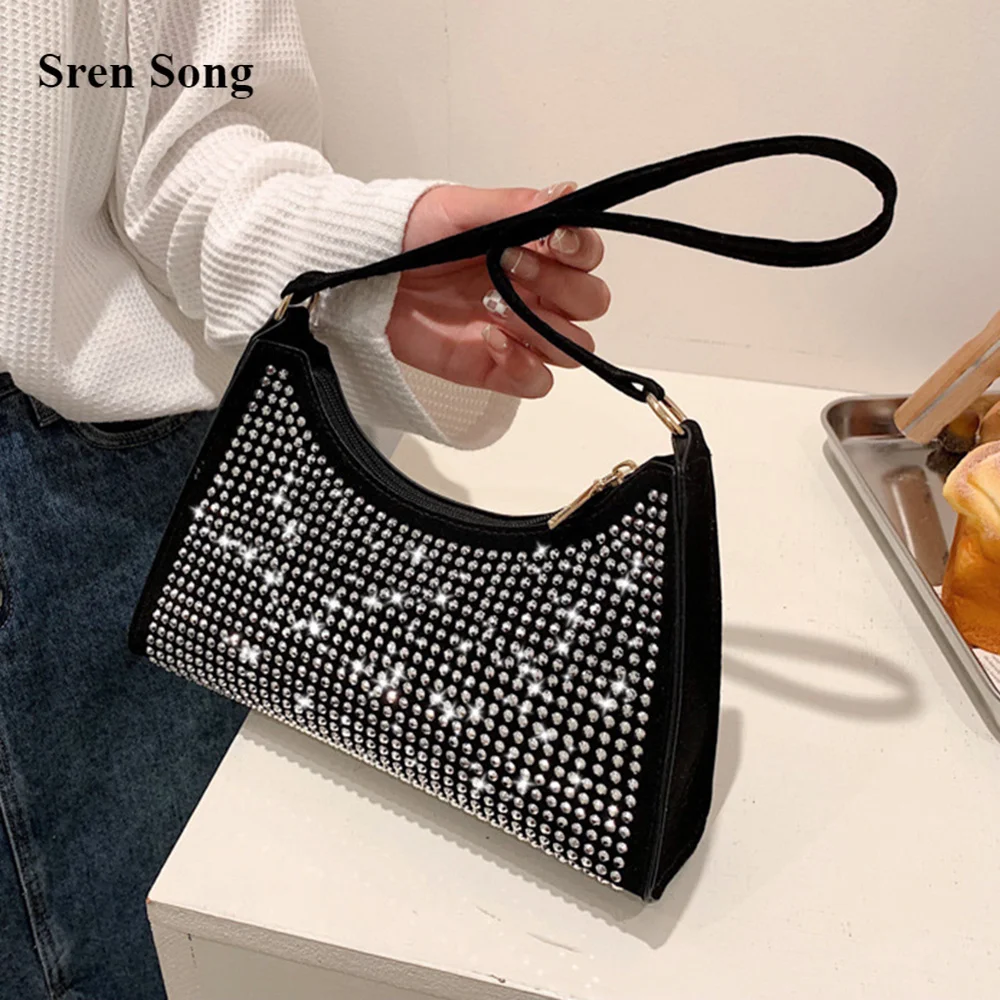 

Underarm Handbags For Women 2022 New Fashion Solid Color Shoulder Bags Casual Rhinestone Horizontal Square Bags Famous Bags