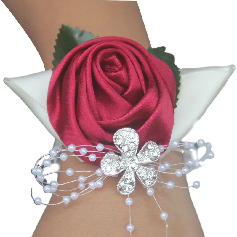 

Handmade Satin Rose Wrist Corsage Wedding Prom Party Bridesmaid Bridal Wrist Flower Faux Pearl Beaded Stretch Bracelet Wristband