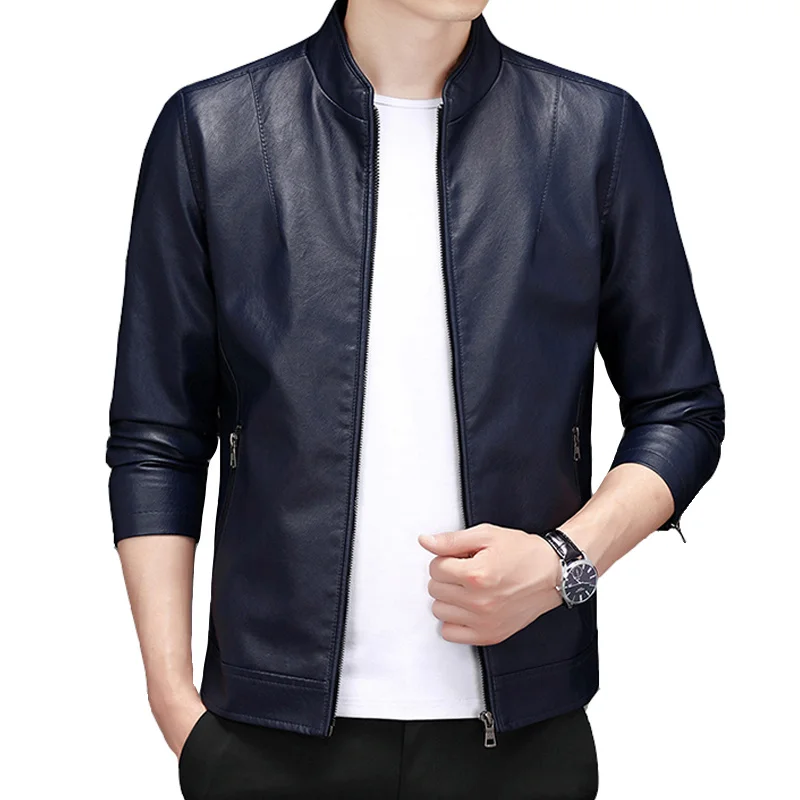 

Кожаная мужская куртка M-5XL, Красивая синяя простая приталенная куртка большого размера с воротником-стойкой из искусственной кожи, водонеп...