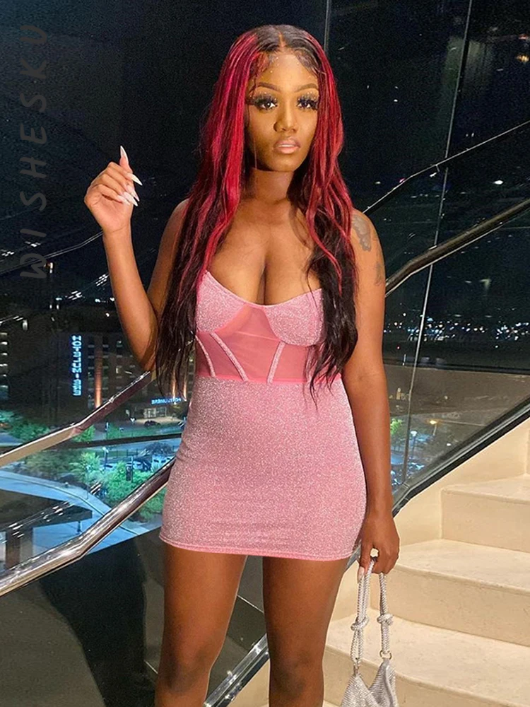 

Women Spaghetti Strap Backless Glitter Skinny Mini Dress Sexy Mesh Patchwork Slim Party Vestidos 2022 Summer Night Club Robe