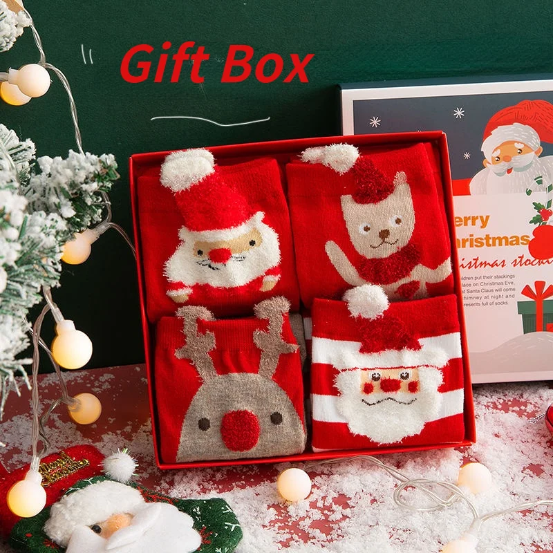 

4 пары рождественских носков, Подарочная коробка, осенние и зимние женские хлопковые носки-трубы, красные носки на Рождество, Мультяшные под...