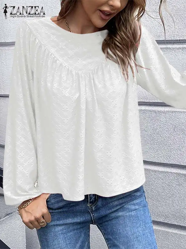 

ZANZEA Women Long Puff Sleeve Blouses Elegant Hollow Out 2023 Spring Casual Loose O-neck Ruched Shirt Fashion Solid Color Blusas
