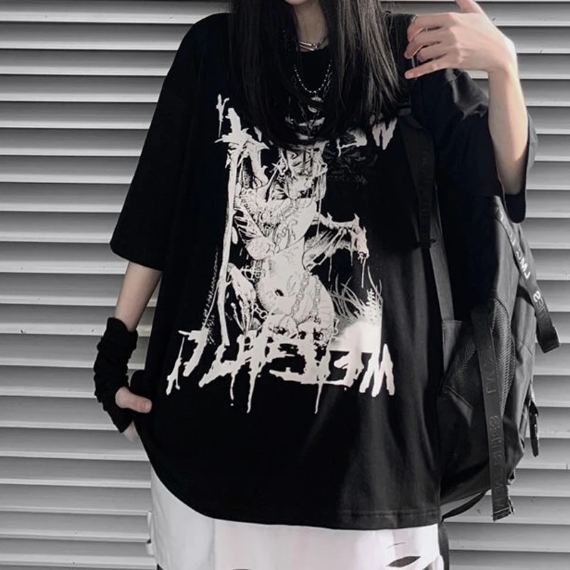 Oversized Women Tshirt Anime Goth Punk Harajuku Summer Top Dark Aesthetic Fairy Grunge Alt Plus Size Short Sleeve Clothes