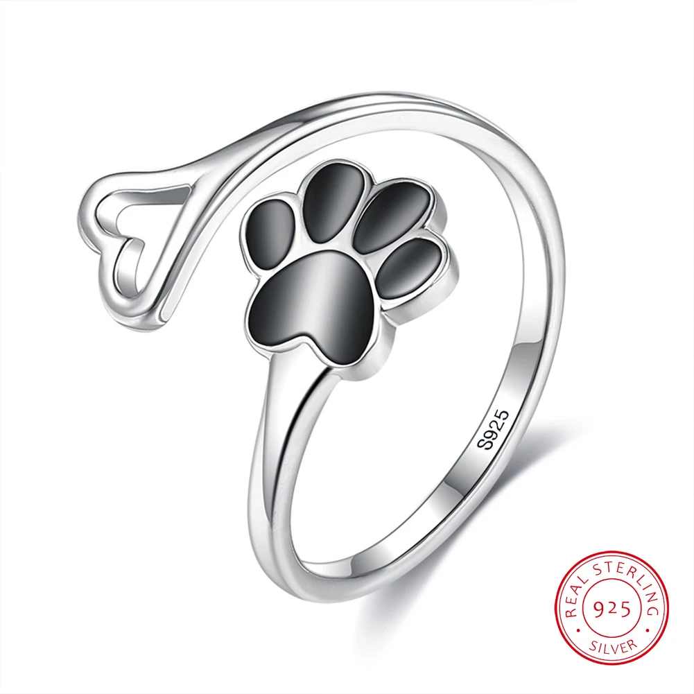 

New Arrival Real Sterling Silver 925 of Dog's Footprint Heart Adjustable Finger Rings for Women