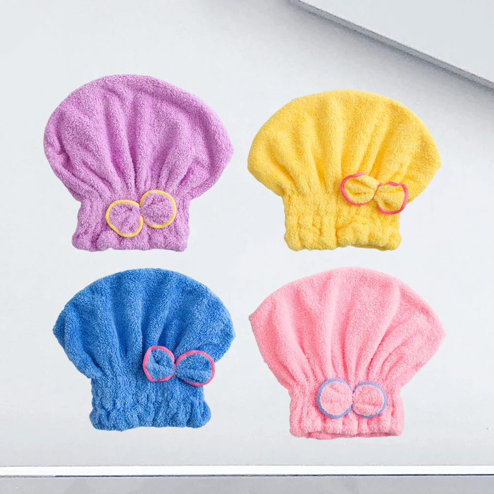 

4pcs Bowknot Hair Drying Towel Turban Coral Fleece Shower Caps Elastic Thicken Bath Hair for Women Girls Yellow Blue Towels