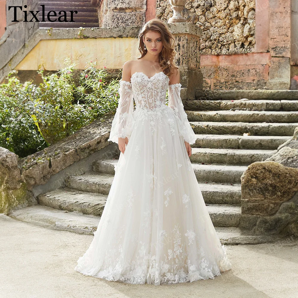 

TIXLEAR Vintage Sweetheart Wedding Dress Appliques Tulle Lace A-line Detachable Puff Sleeves Bridal Gowns Vestidos De Novia