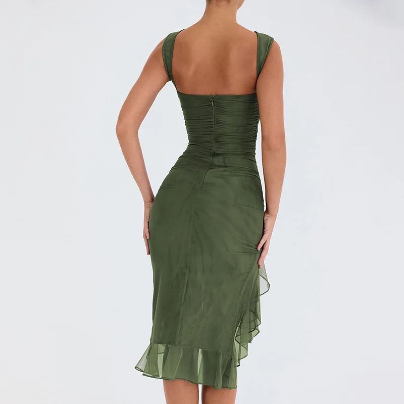 

2023 Elegant Ruffle Ruffled Midi Dress Women's Dress Summer New Open Back Sleeveless Irregular Party Sexy Dress Tank Top