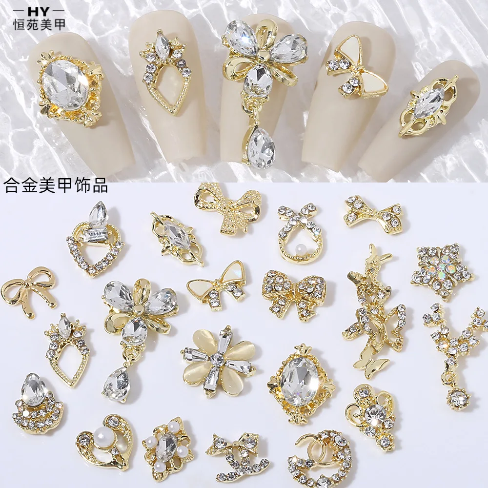 

Luxury Bow Flower Chain Zircon Crystals Rhinestones Pearl Nail Art Jewelry Decorations Nails Accessories Charms Supplies