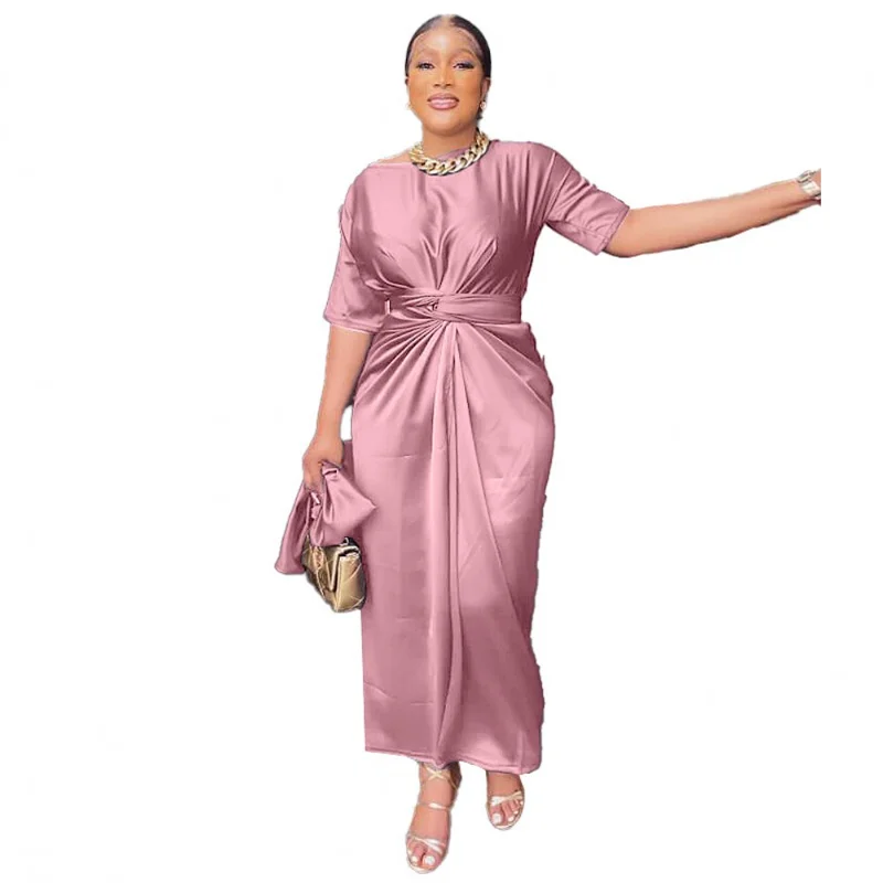 

2 Piece Sets Sexy Elegant High Women Long Dress Halter O Neck Satin Ruffles Bodycon Half Length Vestidos Night Party Club Gowns