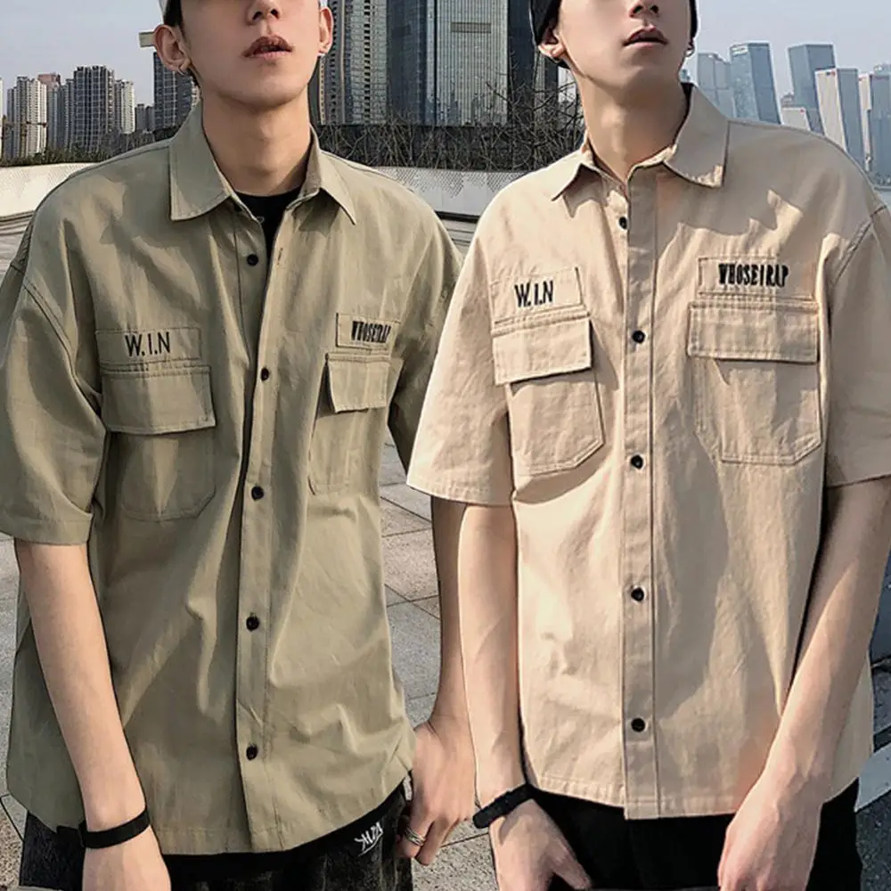 

Men Shirts- Short Sleeve Tooling Shirt Turn-Down Collar Summer Hip Hop Men Loose Casual Top Workwear Men's Clothing