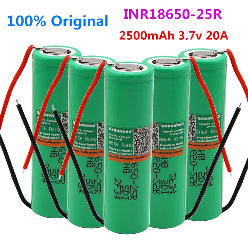 

100% Original INR18650-25R 2500mAh Brand ForSamsung 18650 battery 2500mAh Rechargeable battery 3.6V INR18650 25R+DIY wire