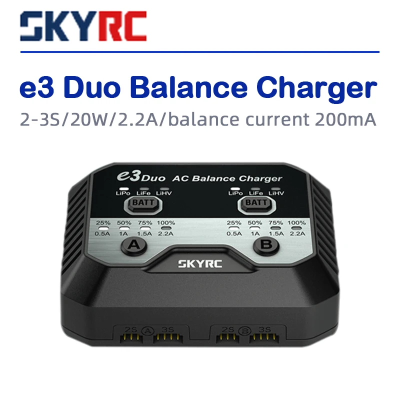 

SKYRC E3 Duo Lithium Battery Charger Dual Channel 2-3S 20W 2.2a Balance Current 200mA