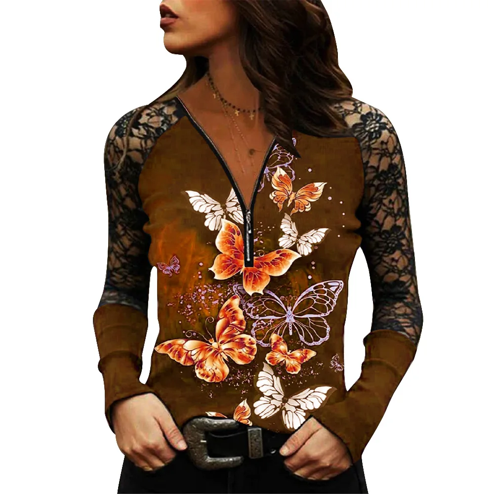 

Elegant Women Mesh Sexy Long Sleeve Tee Zipper Up Female Ladies Streetwear Lace Patchwork Tops V-Neck Butterfly Print Pullover