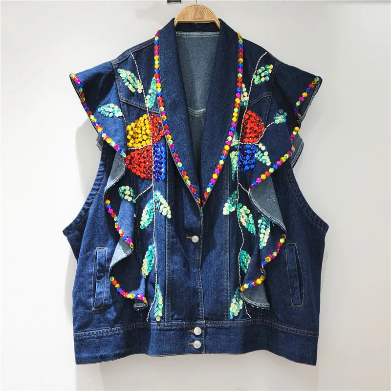

SuperAen 2022 Summer New Color Gem Nail Drill Ruffle Patchwork Denim Vest Woman Jacket