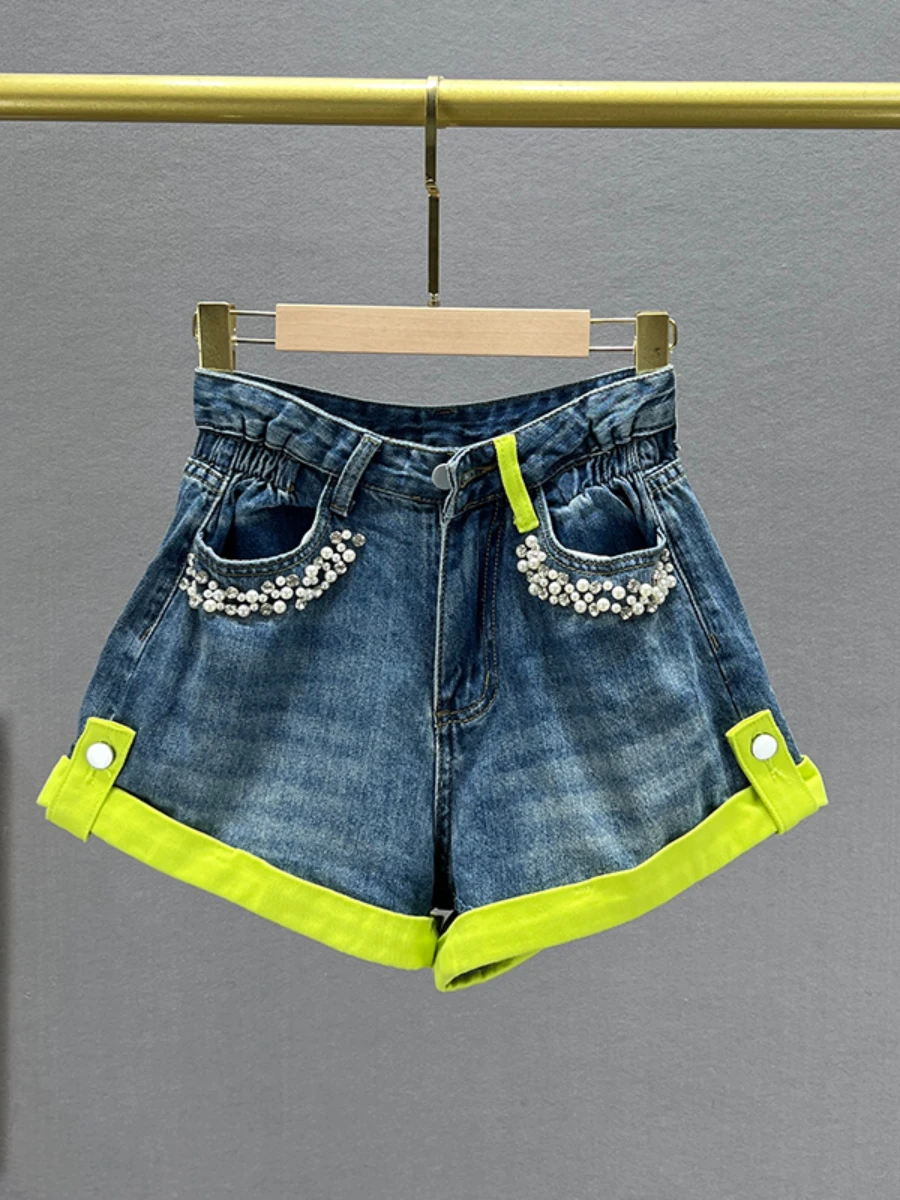 Chic Beaded Denim Shorts for Women 2023 New Summer High Waist Loose Slimming Diamond Color Block Flanging Wide-Leg Jeans Shorts