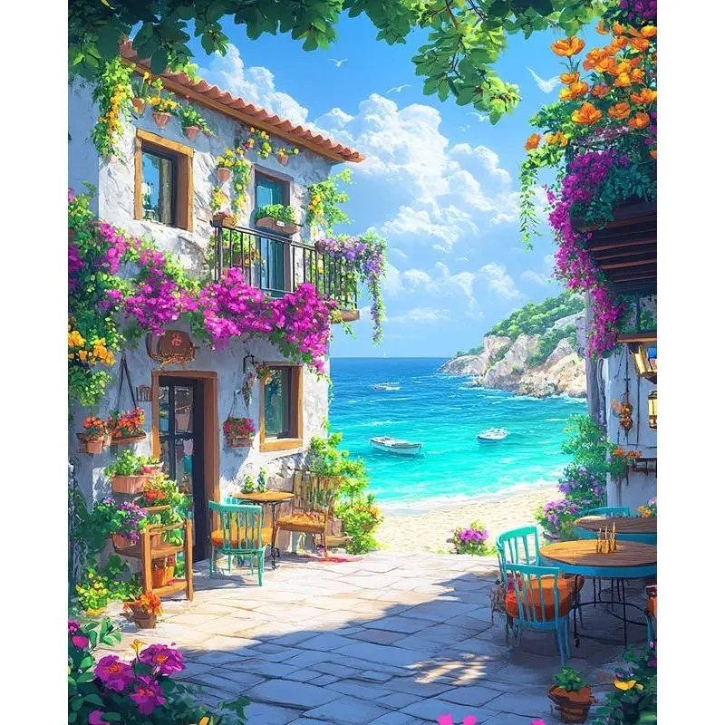 Фото RUOPOTY Diy Paint By Numbers Kit для взрослых Уникальные подарки Художественные наборы для взрослых Приморский коттедж Краска по номерам для взрослых Акрил №1