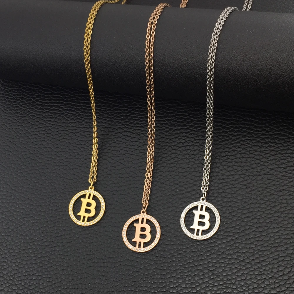 Ожерелье Стразы из нержавеющей стали с круглыми подвесками в виде биткоина трех