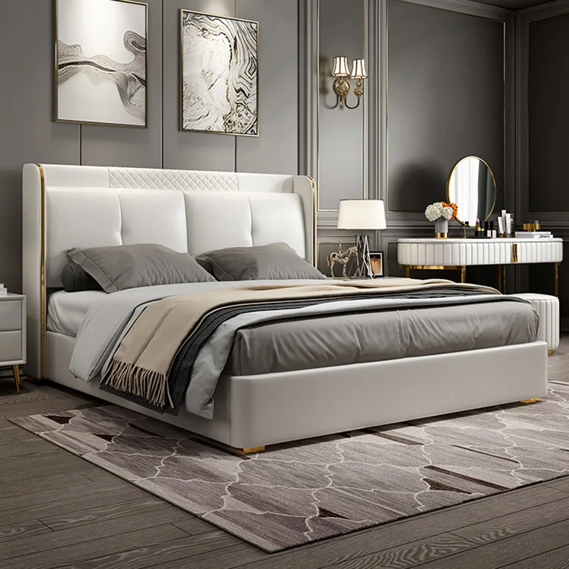 

Italian luxury leather bed Hong Kong style INS style net celebrity double wedding bed modern simple 1.8 meters master bed