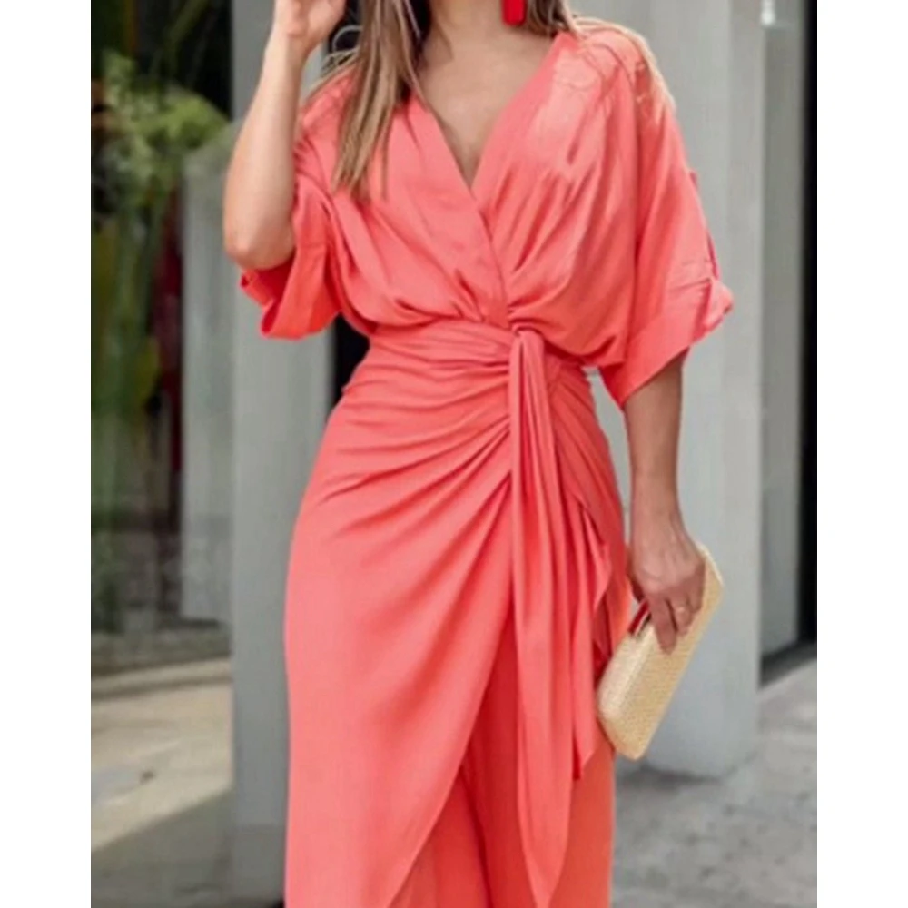 Lady Solid Elegant Two Pieces Set Women Short Sleeve V-Neck Long Top & High Waist Pencil Pants Set Elegant Woman Clothing