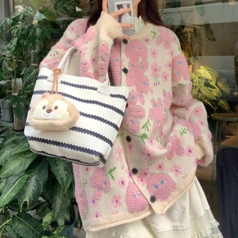 Новый японский и корейский Ретро ленивый стиль розовый свитер с цветами для