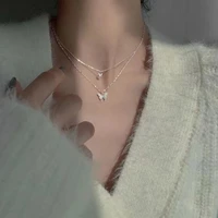 flash zircon butterfly double layer necklaces for women punk style collarbone chain simple gentle niche sweater chain jewerly