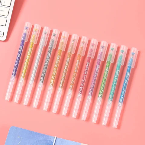 12 шт. цветная гелевая ручка с блестками, детские цветные ручки для рисования, школьные канцелярские принадлежности, перламутровая гелевая ручка, маркировочный хайлайтер